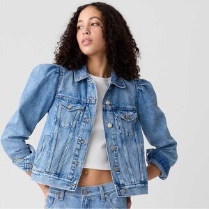 GAP Puff Sleeve Icon Denim Jacket With Washwell Blue With Pockets M Medium